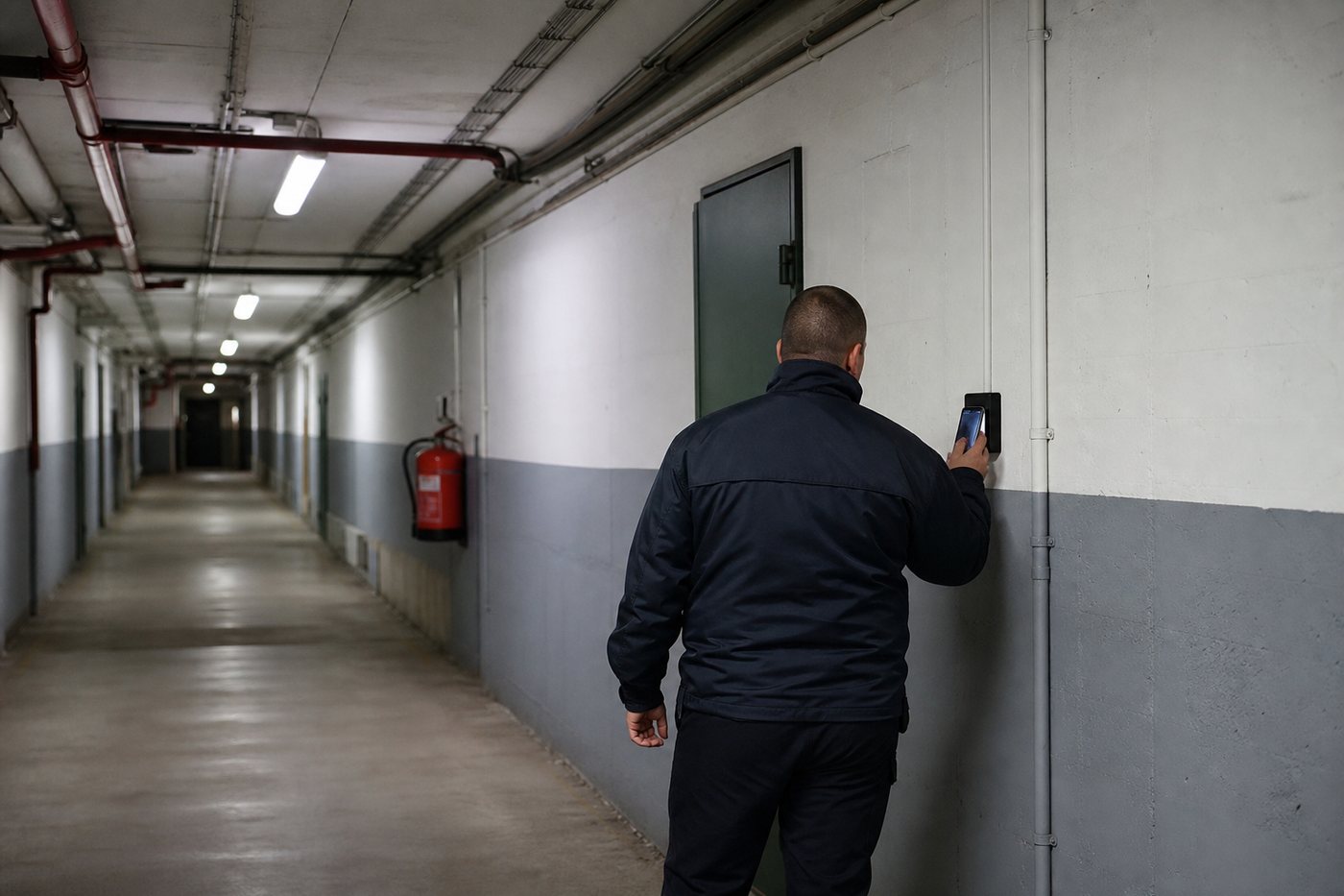 Ronda nocturna: el guardia marca un punto de control en un pasillo industrial