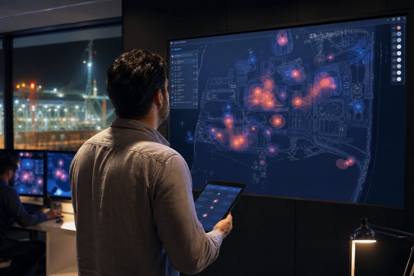 Supervisión mira el mapa de cobertura y riesgo del sitio en el turno