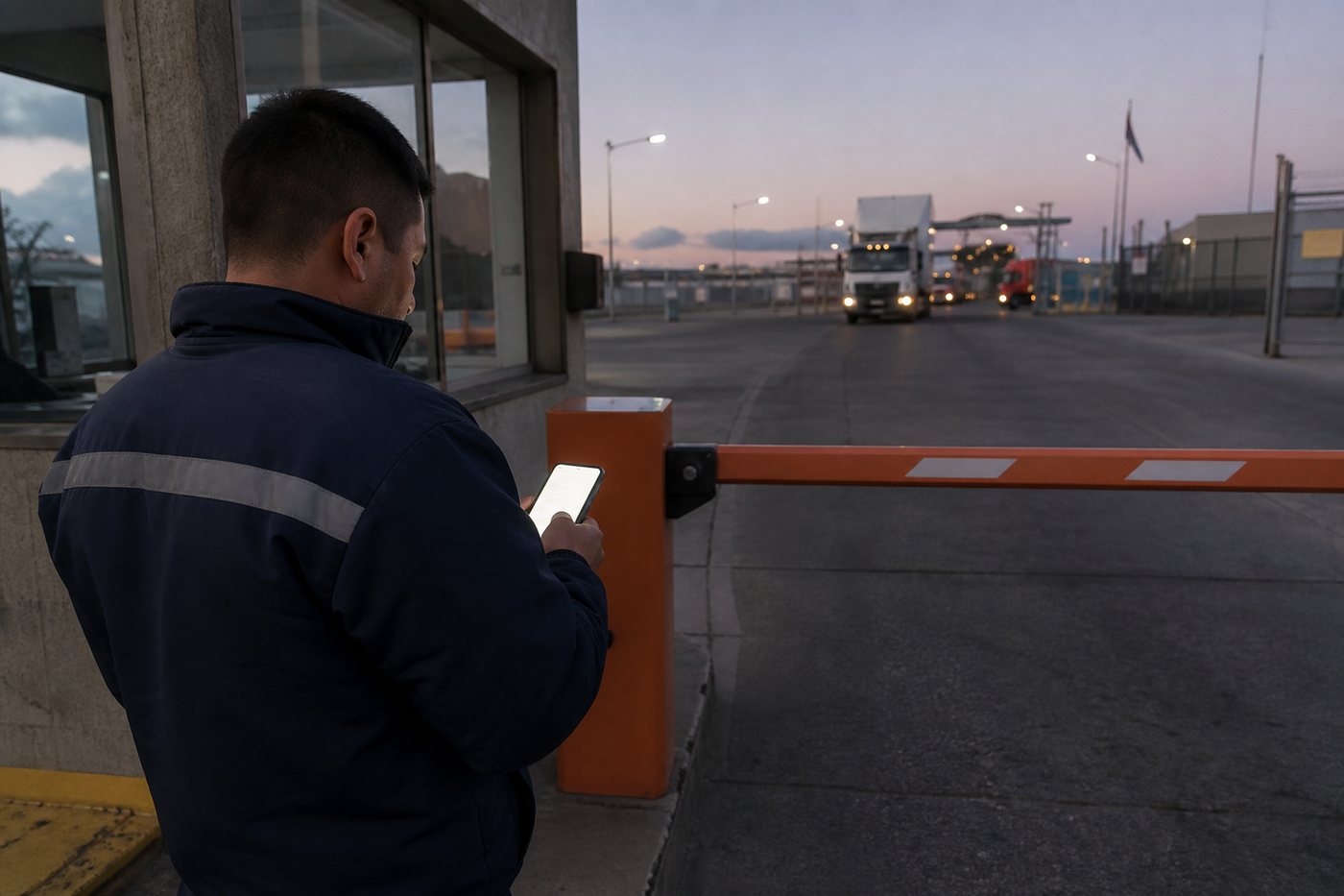 Guardia inicia el turno con el celular en el acceso de una planta