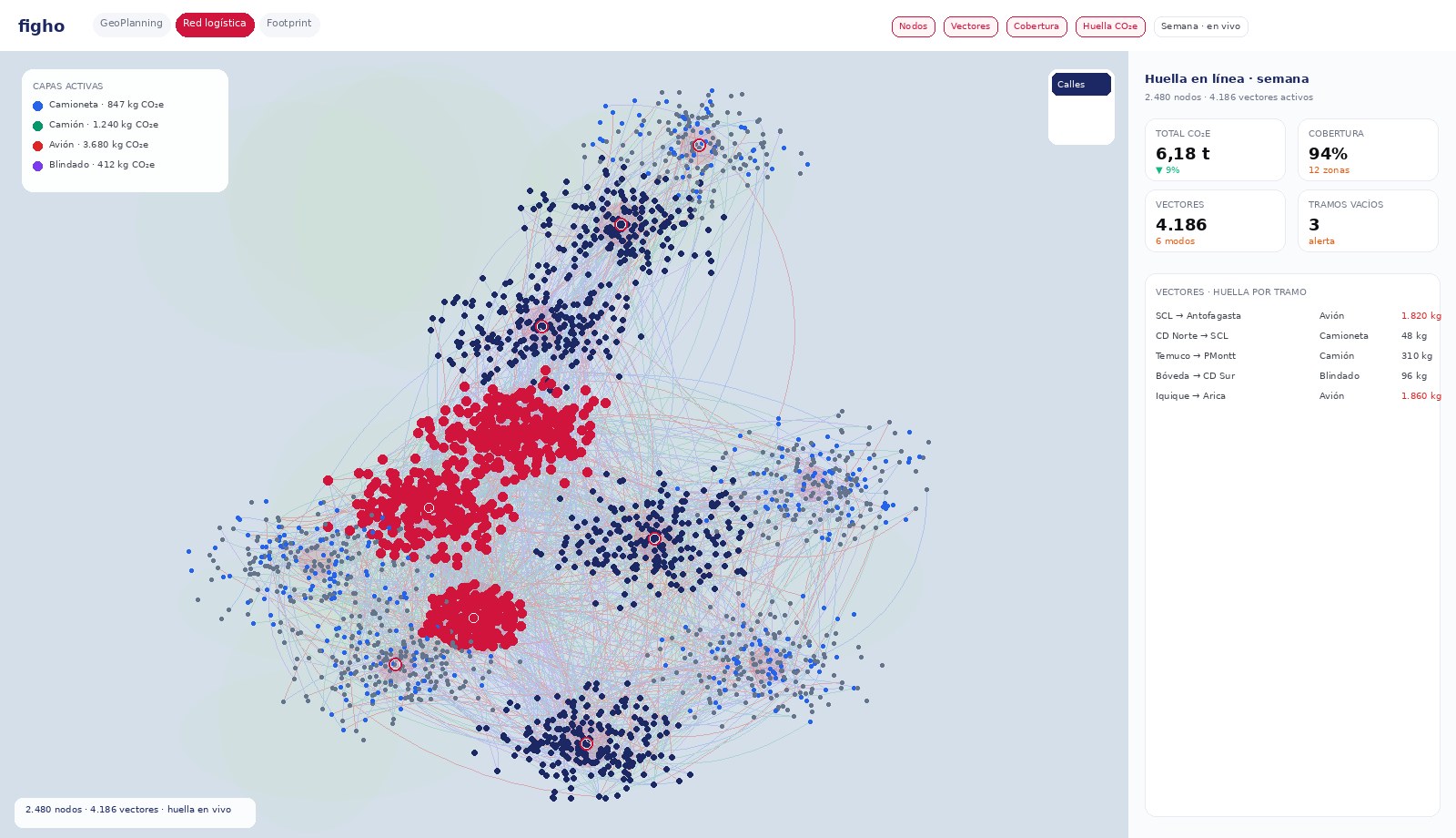 Pantalla de figho: red logística con miles de nodos, vectores tipo mapa de aerolíneas, cobertura territorial y huella de carbono en línea por tramo