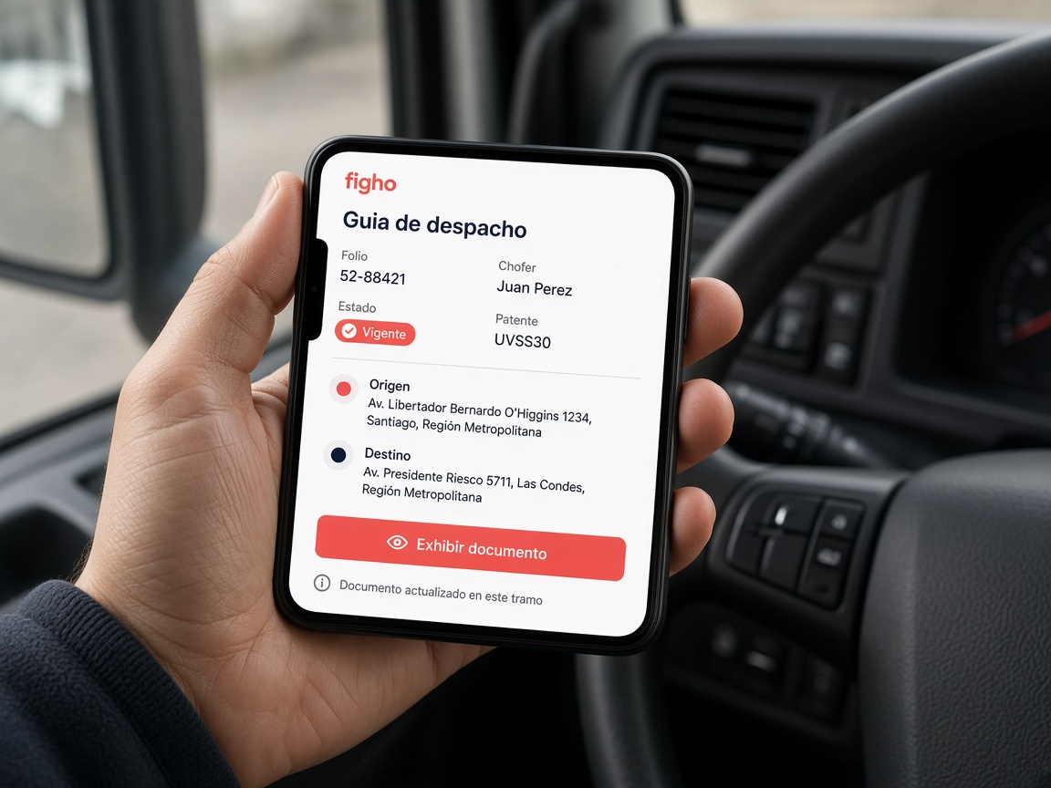 App de figho en cabina: el chofer exhibe la guía de despacho vigente del tramo