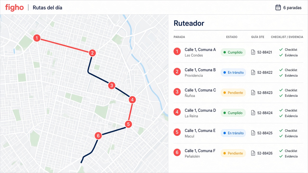Ruteador de figho: mapa con puntos de parada y registro de cumplimiento por tramo, sin marcas de cliente
