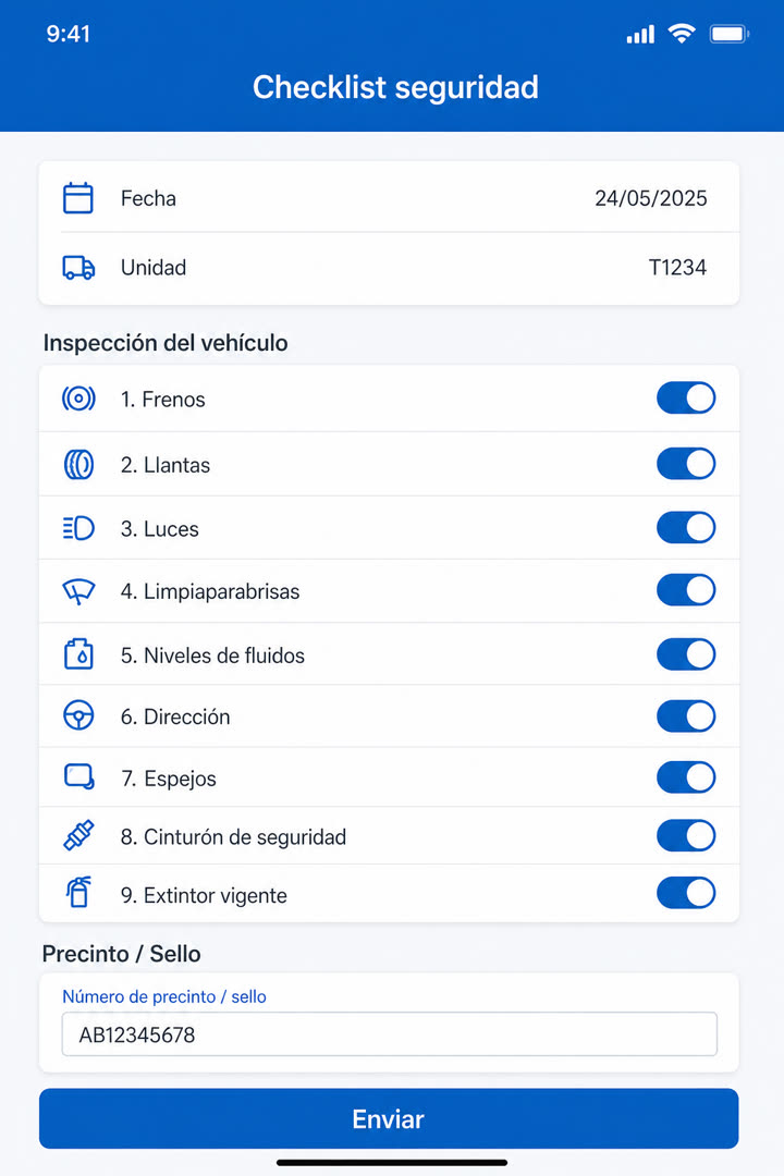 App figho — checklist de viaje en app (Enrolamiento de choferes con habilitaciones vigentes)